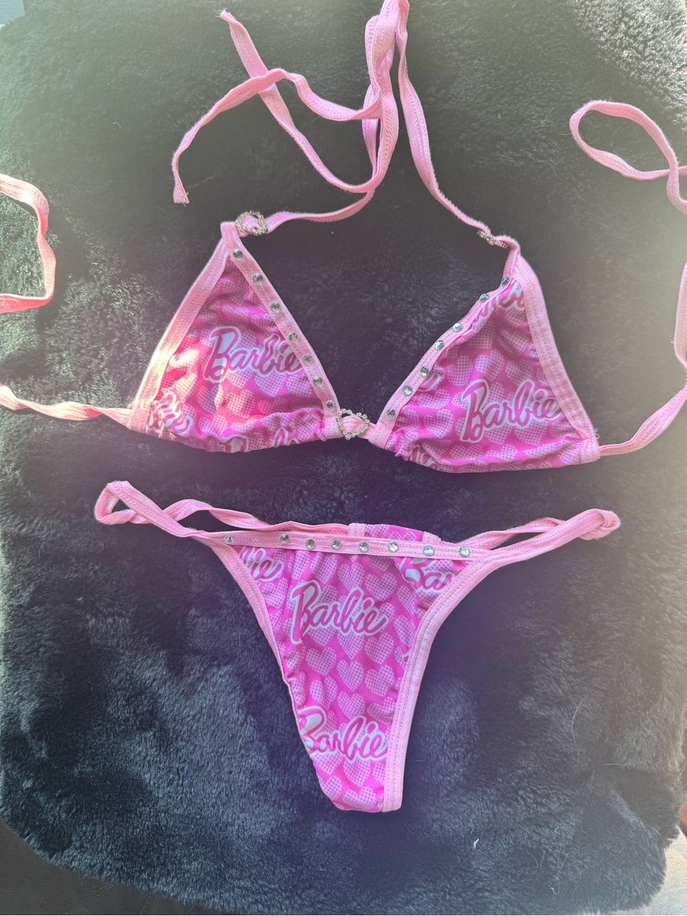 Barbie Pink Rhinestone Logo Triangle Bikini Set
